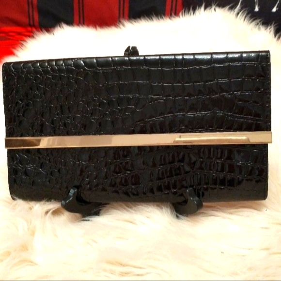 Aldo Faux Aligator Leather Women's Envelope Clutch Black Handbag Purse Formal - Picture 2 of 3